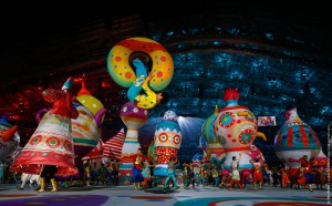 An acrobat performs during the opening ceremony of the 2014 Sochi Winter Olympic Games at Fisht stadium